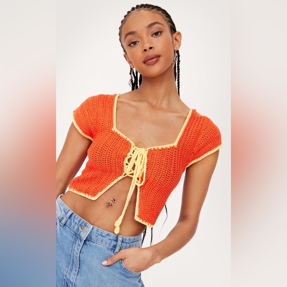 EUC Nasty Gal Crochet Tie Lace Up Short Sleeve Crop Top